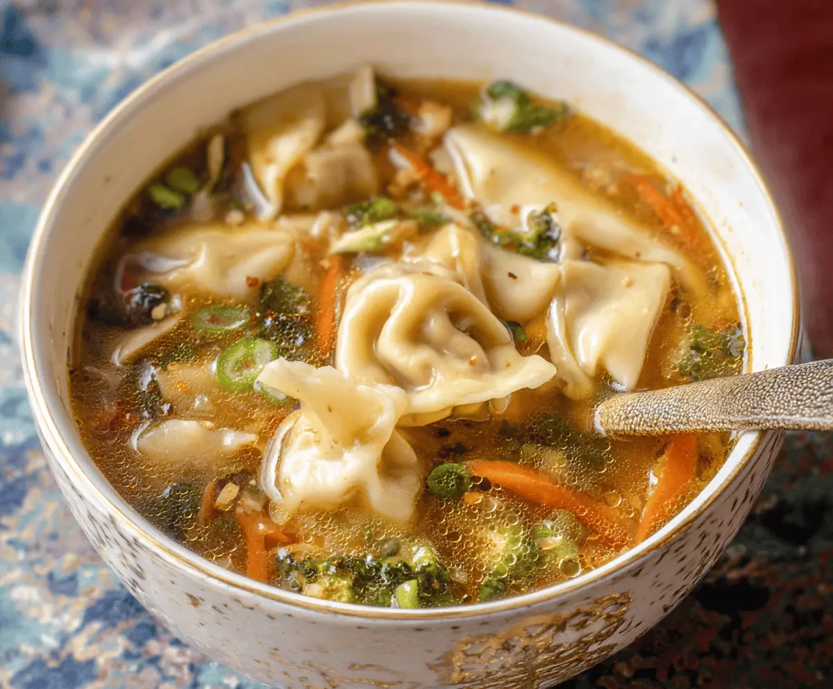 A bowl of steaming potsticker soup with dumplings, vegetables, and aromatic broth garnished with green onions on a rustic wooden table.