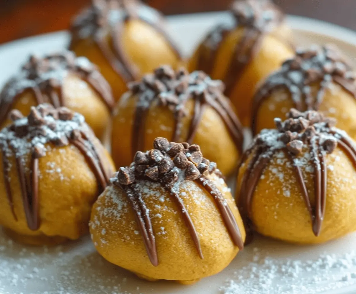 Delicious Pumpkin Cheesecake Truffles with a creamy texture and pumpkin spice flavor on a decorative plate.