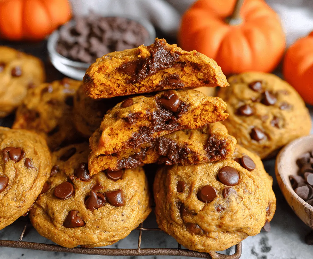 Delicious homemade pumpkin chocolate chip cookies on a plate, perfect for fall desserts and seasonal baking.