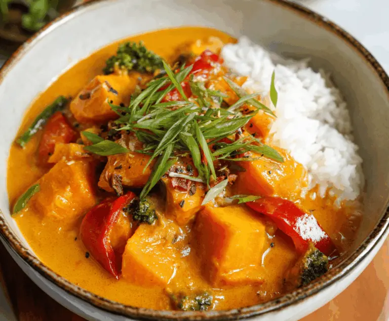 A bowl of spicy pumpkin curry garnished with fresh cilantro, served with rice on a rustic wooden table.