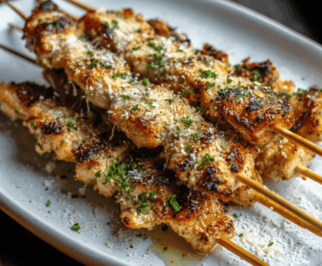Juicy Ranch Garlic Parmesan Chicken Skewers served with fresh herbs and dipping sauce on a platter