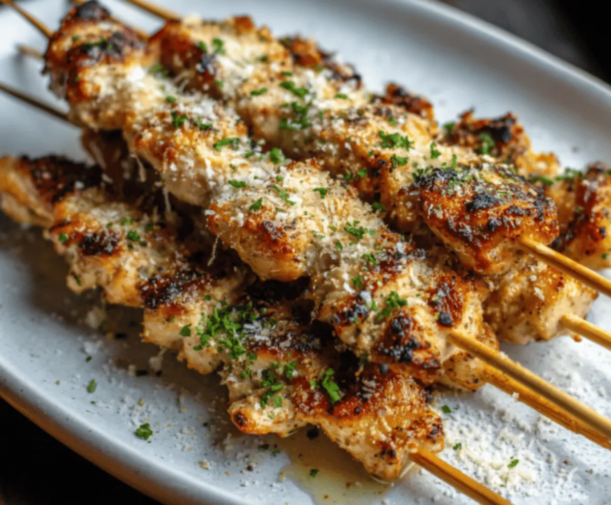 Juicy Ranch Garlic Parmesan Chicken Skewers served with fresh herbs and dipping sauce on a platter