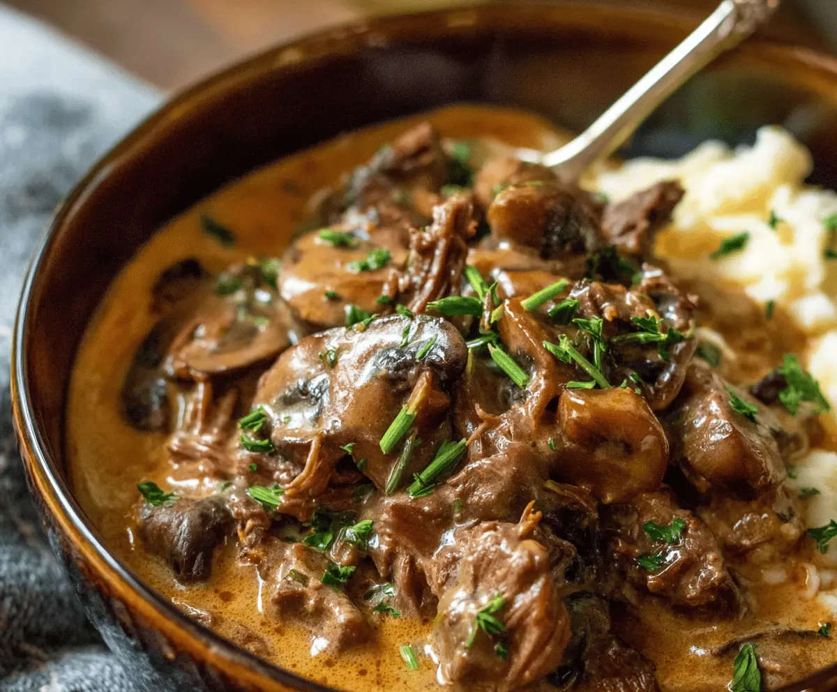 Creamy slow cooker beef stroganoff stew with tender beef, mushrooms, and savory sauce served in a bowl