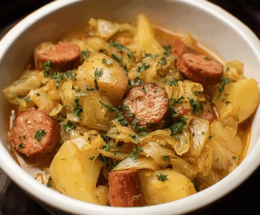Hearty slow cooker cabbage, sausage, and potato recipe with fresh ingredients in a rustic cooking scene