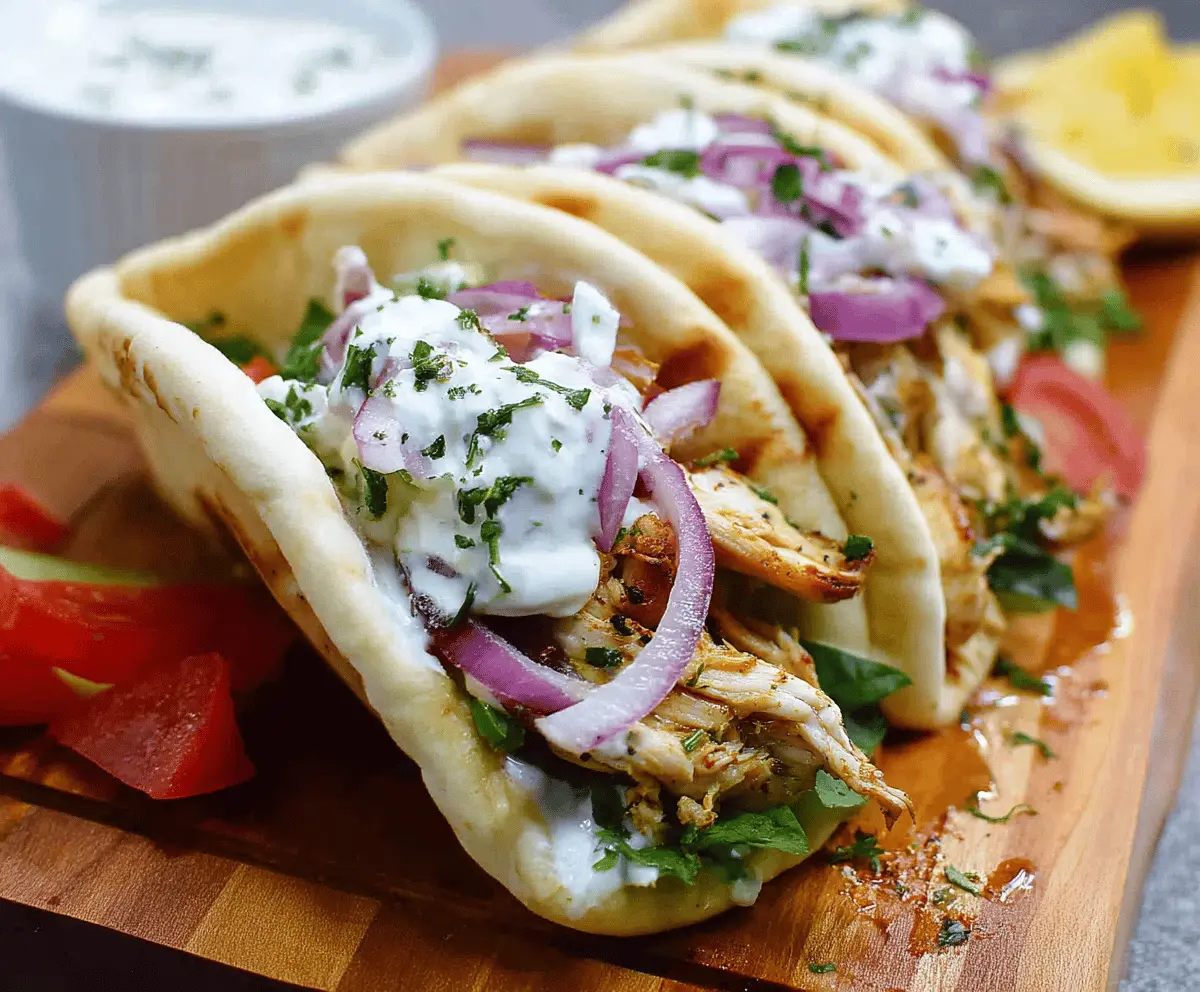 Creamy, flavorful Slow Cooker Chicken Gyros with fresh pita bread, topped with tzatziki sauce, lettuce, tomato, and red onion for an easy Mediterranean-inspired meal.