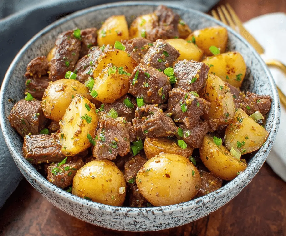 Delicious slow cooker garlic butter beef bites with tender potatoes served on a plate, perfect for a hearty meal