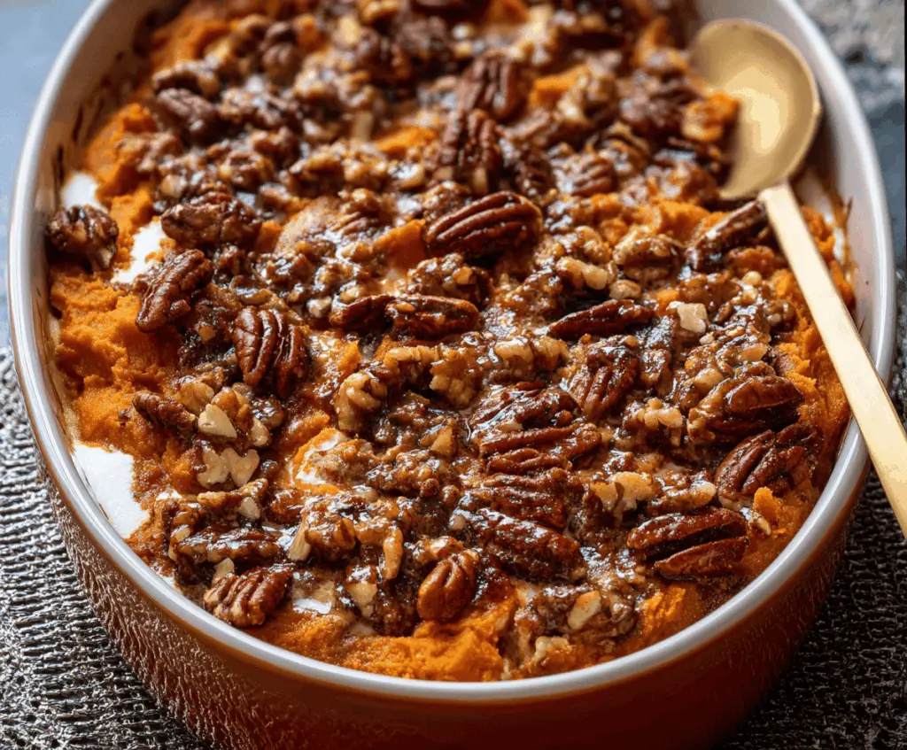 Sweet potato casserole topped with marshmallows and pecans, featuring a golden brown crust, perfect for Southern maple-flavored holiday dessert