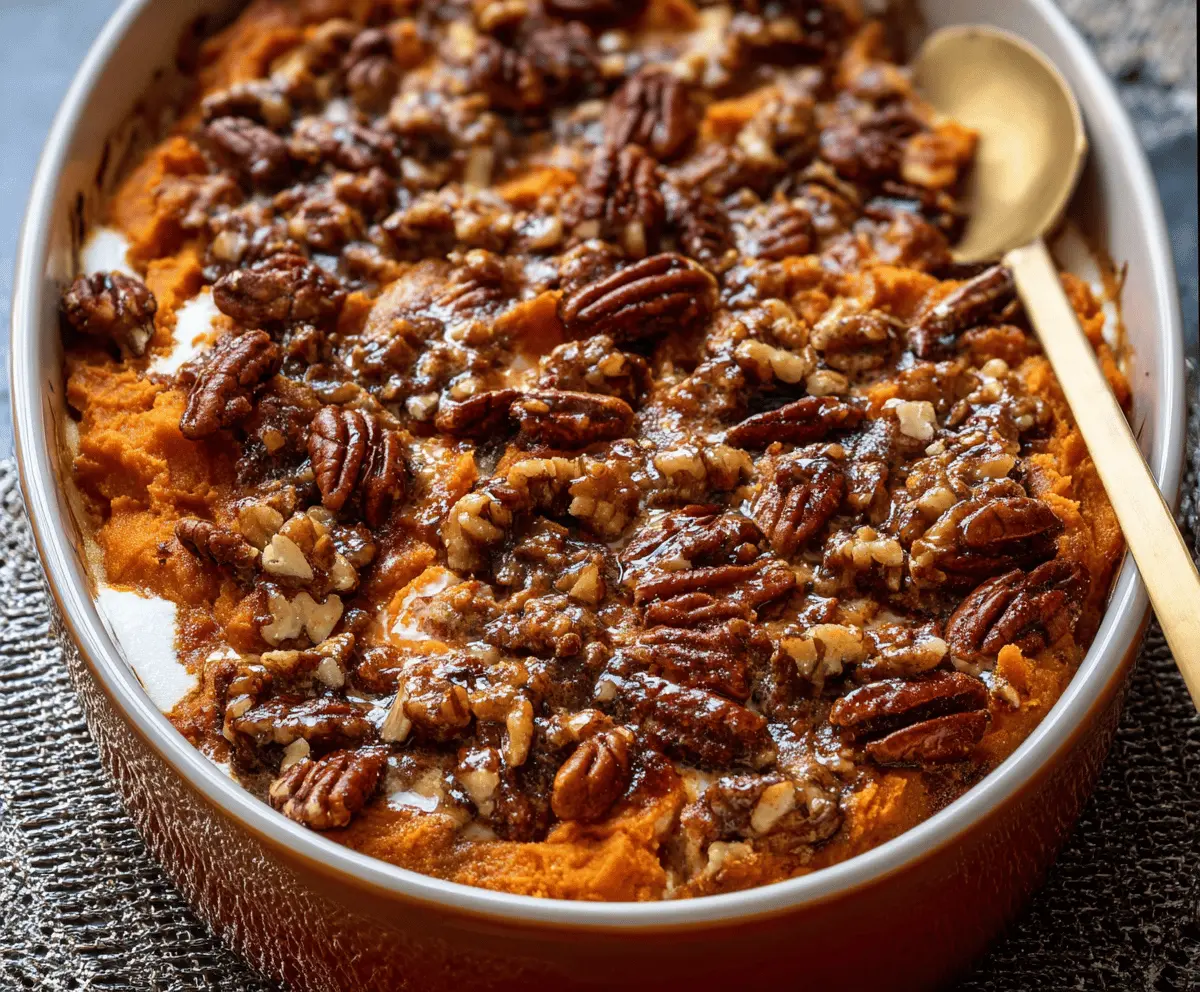 Sweet potato casserole topped with marshmallows and pecans, featuring a golden brown crust, perfect for Southern maple-flavored holiday dessert