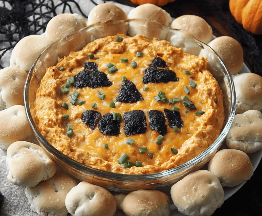 Creamy spicy Buffalo dip served in a Halloween-themed bowl with festive decorations, perfect for spooky Halloween parties.