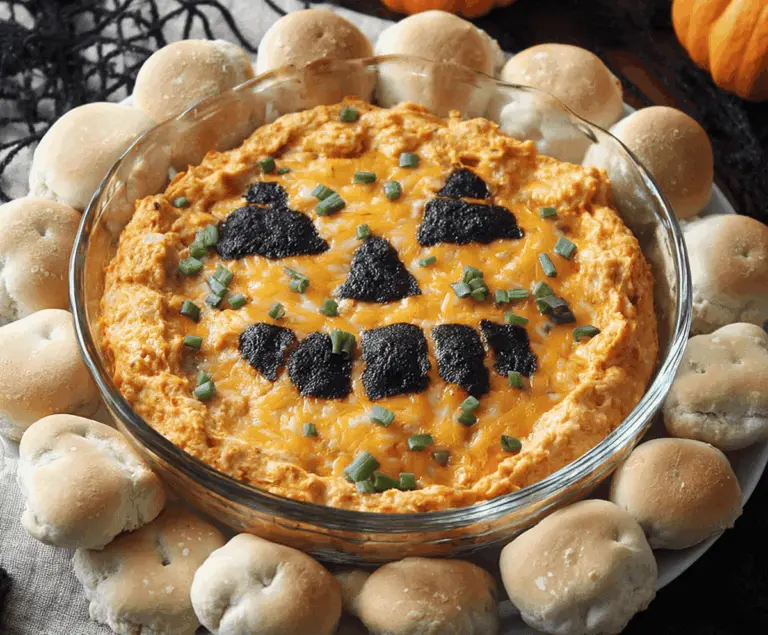 Creamy spicy Buffalo dip served in a Halloween-themed bowl with festive decorations, perfect for spooky Halloween parties.