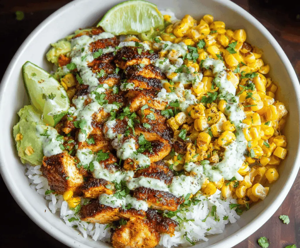 Delicious Street Corn Chicken Rice Bowl topped with grilled corn, fresh cilantro, lime, and spicy sauce, served in a bowl
