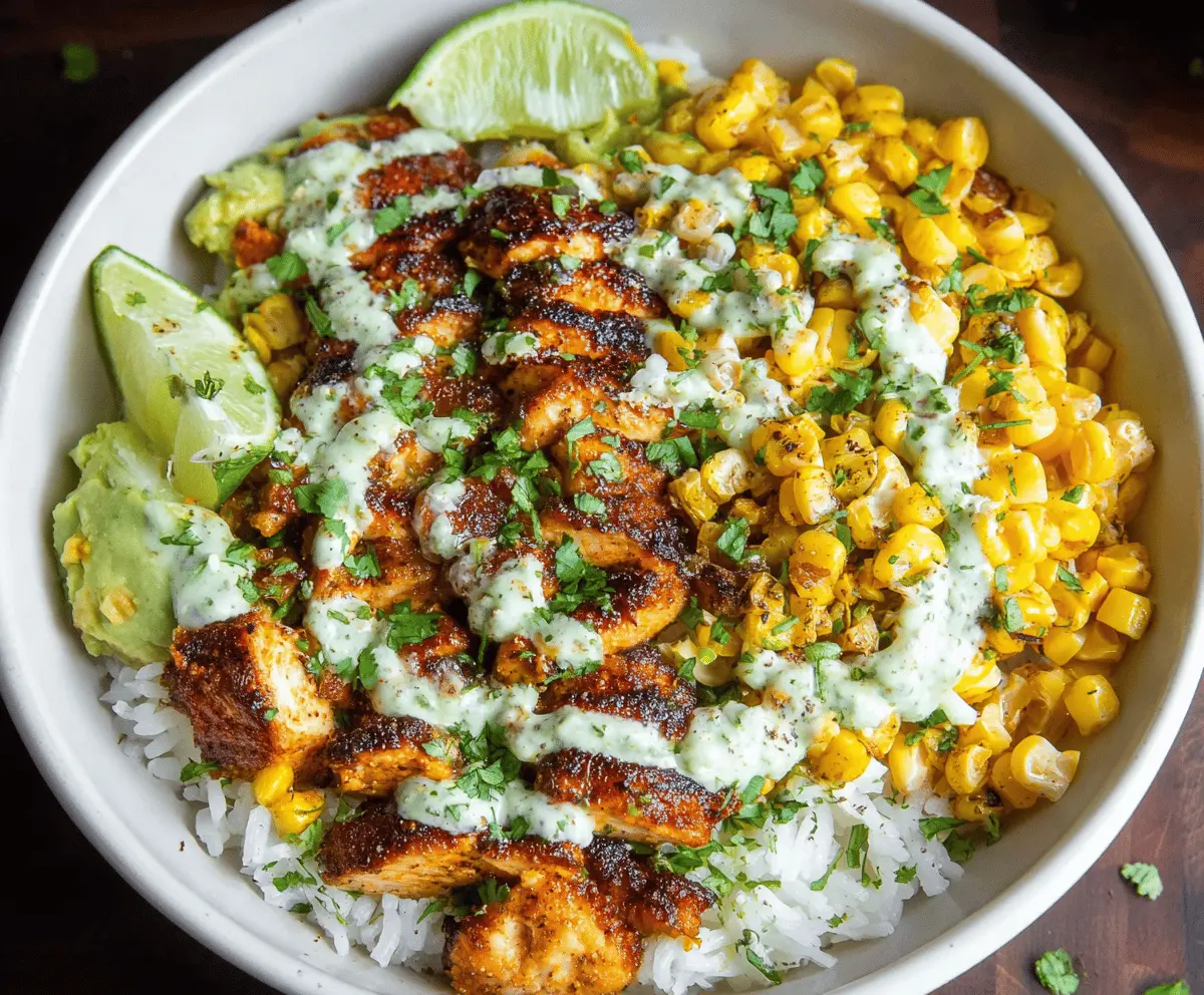 Delicious Street Corn Chicken Rice Bowl topped with grilled corn, fresh cilantro, lime, and spicy sauce, served in a bowl
