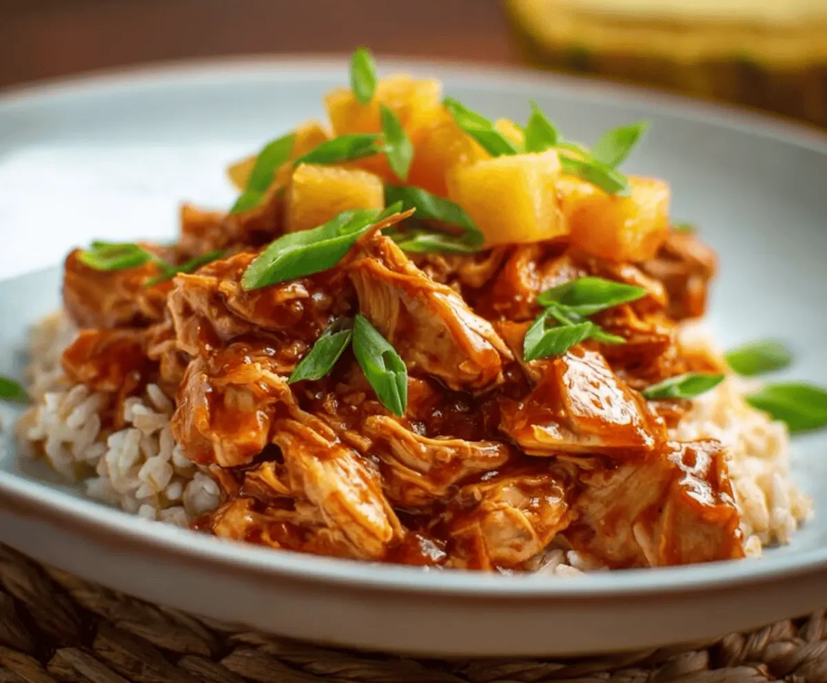 Juicy Sweet Hawaiian Crockpot Chicken served with pineapple and colorful vegetables in a crockpot meal image