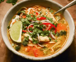 A steaming bowl of Thai Chicken Soup garnished with fresh herbs and lime slices, showcasing tender chicken, vegetables, and aromatic spices in a flavorful broth.