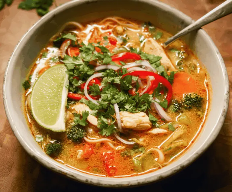 A steaming bowl of Thai Chicken Soup garnished with fresh herbs and lime slices, showcasing tender chicken, vegetables, and aromatic spices in a flavorful broth.