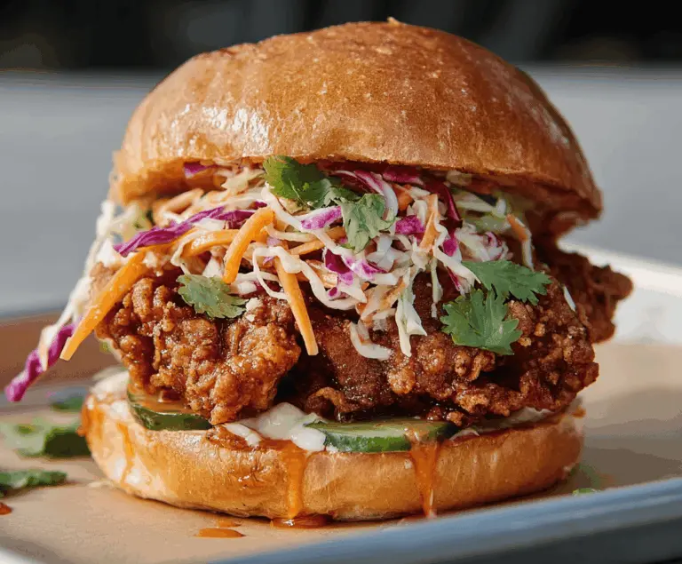 Juicy Thai fried chicken sandwich topped with fresh lettuce, spicy mayo, and pickles in a toasted bun.