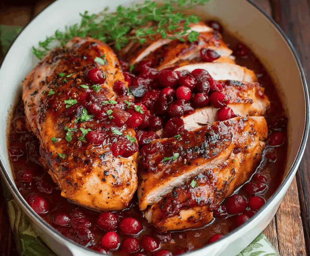 Juicy roasted turkey breast served with flavorful cranberry orange sauce on a festive platter, perfect for holiday dinner.