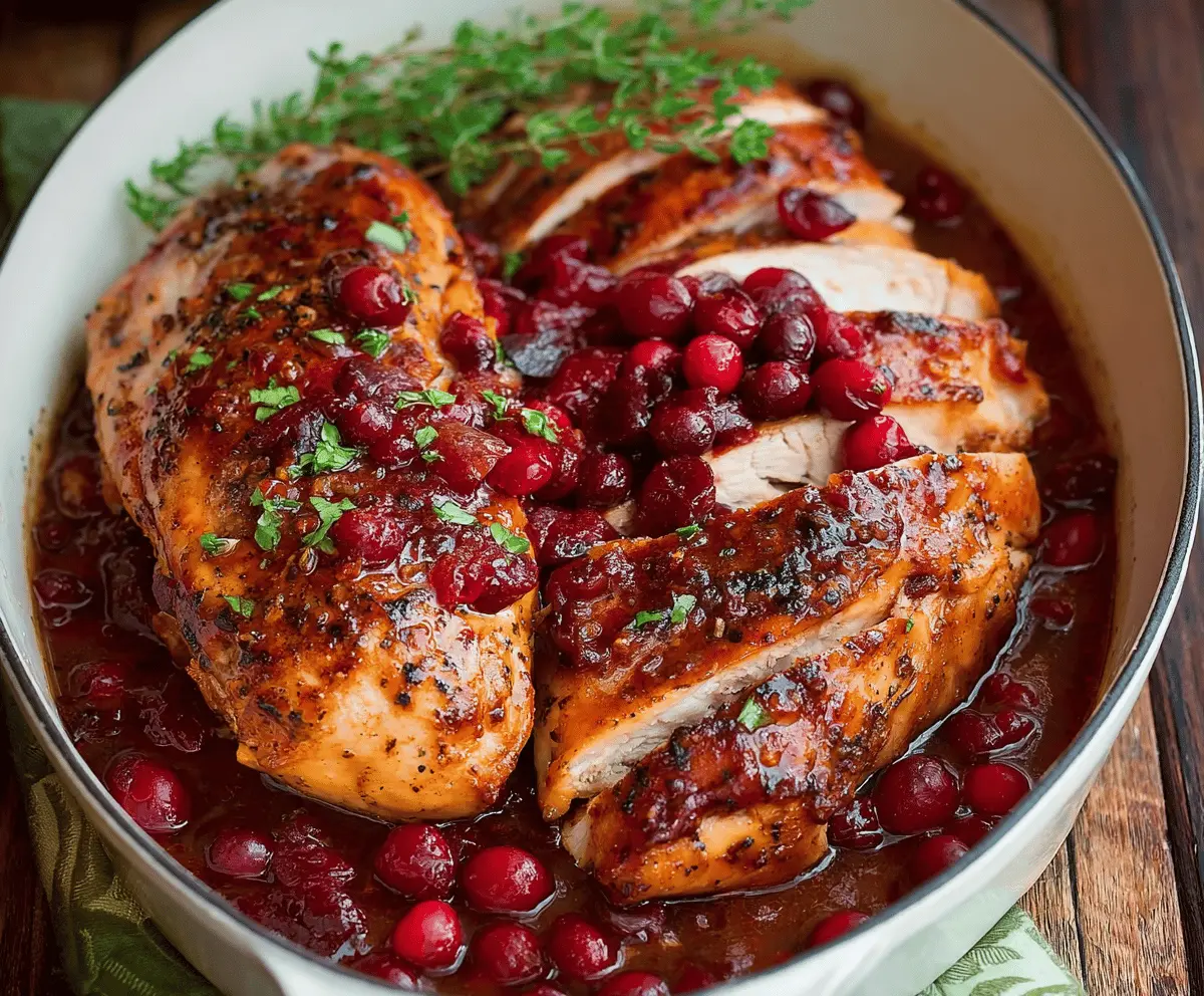 Juicy roasted turkey breast served with flavorful cranberry orange sauce on a festive platter, perfect for holiday dinner.
