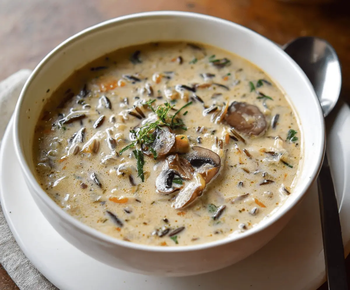 Creamy wild rice mushroom soup served in a bowl with fresh herbs and sliced mushrooms, perfect for a hearty, comforting meal.