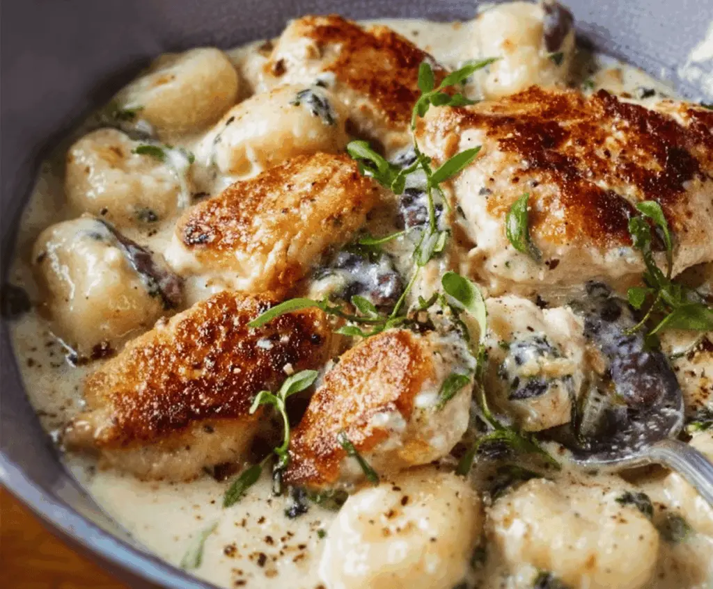 Creamy Asiago Chicken Gnocchi dish garnished with fresh herbs, served on a white plate.
