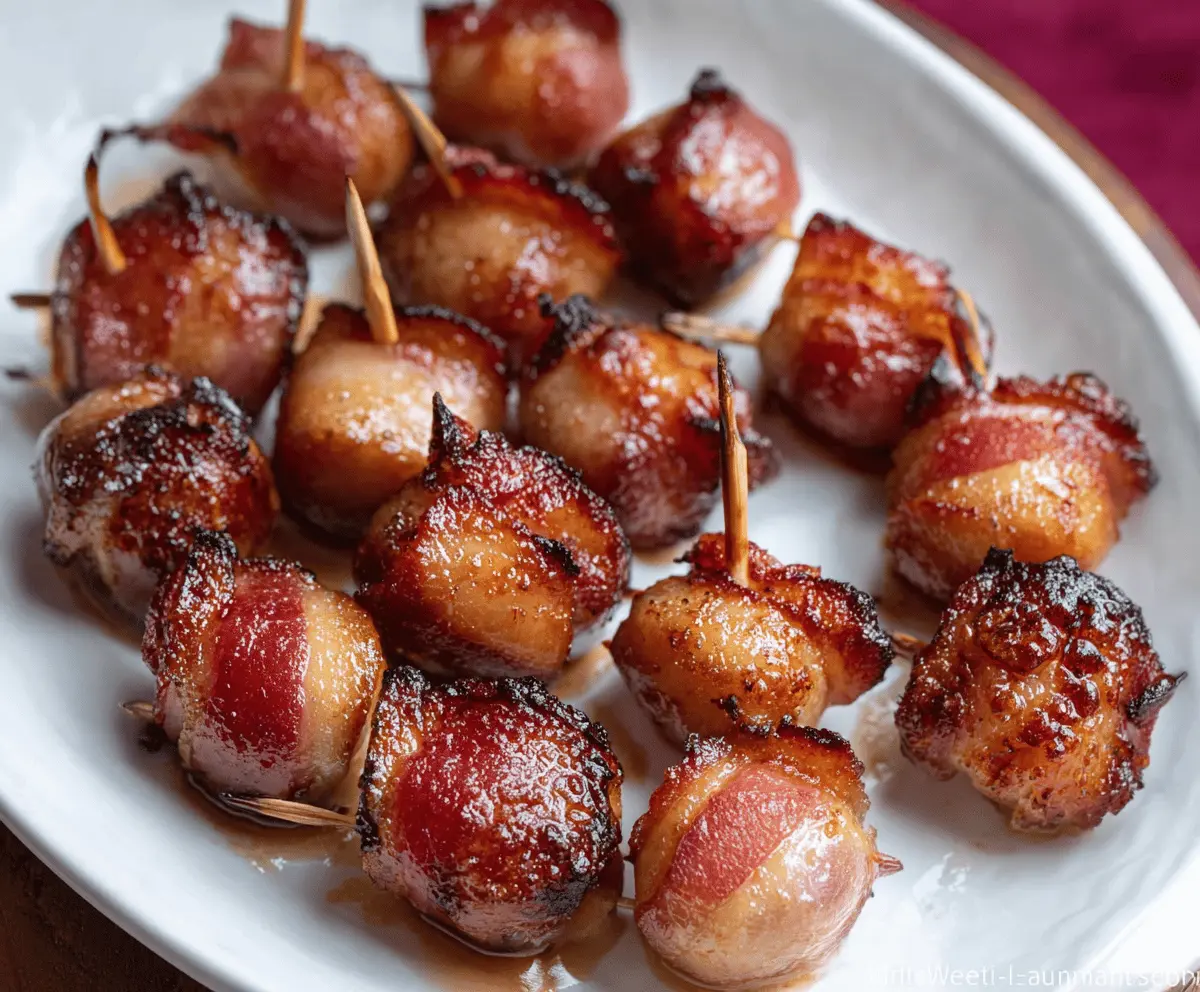 Delicious bacon wrapped water chestnuts appetizer on a white platter.