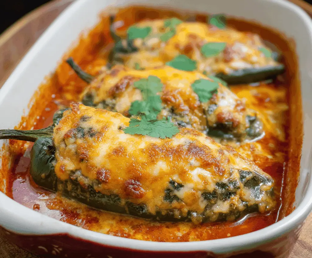 Delicious Baked Chicken Chili Relleno with melted cheese and crispy topping on a plate.