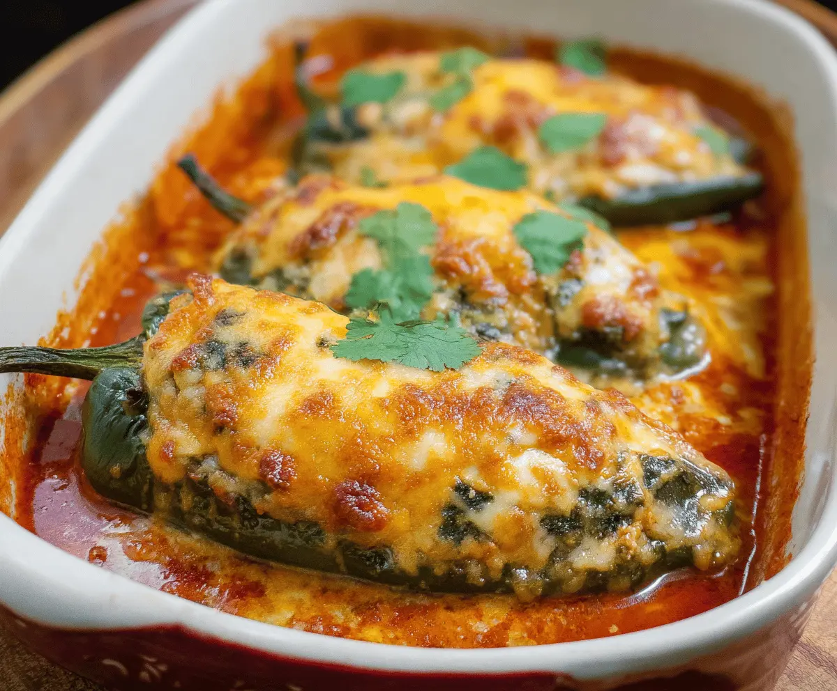 Delicious Baked Chicken Chili Relleno with melted cheese and crispy topping on a plate.