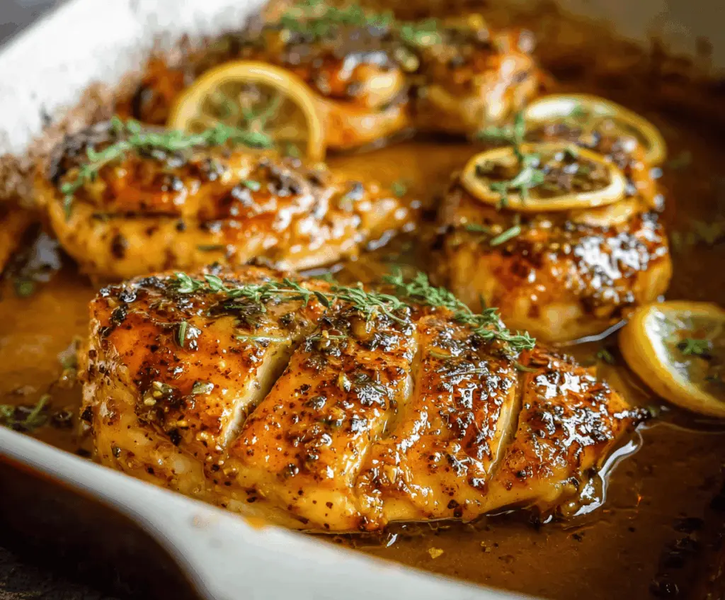 Delicious baked honey Dijon chicken served with fresh herbs on a plate.