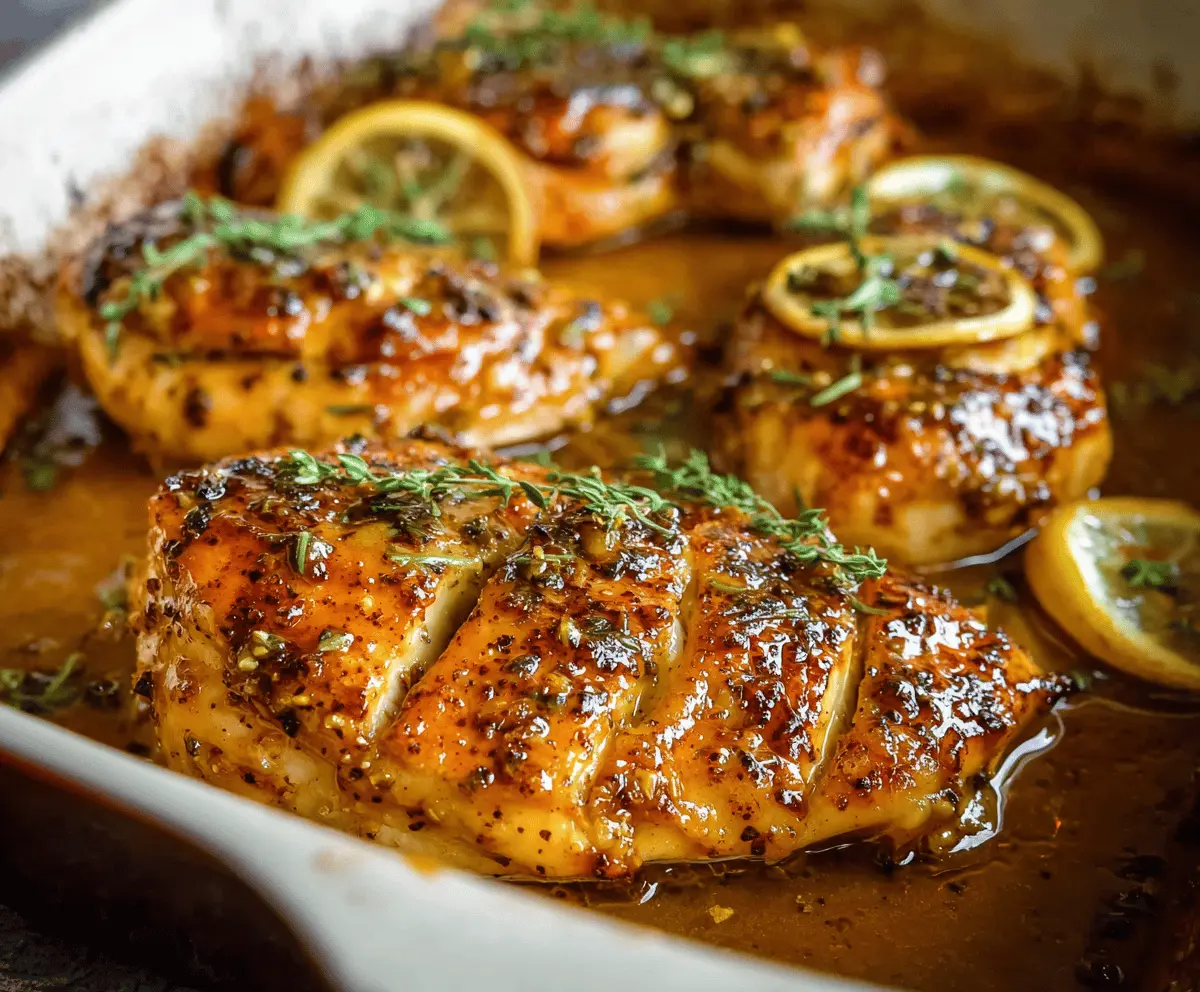 Delicious baked honey Dijon chicken served with fresh herbs on a plate.