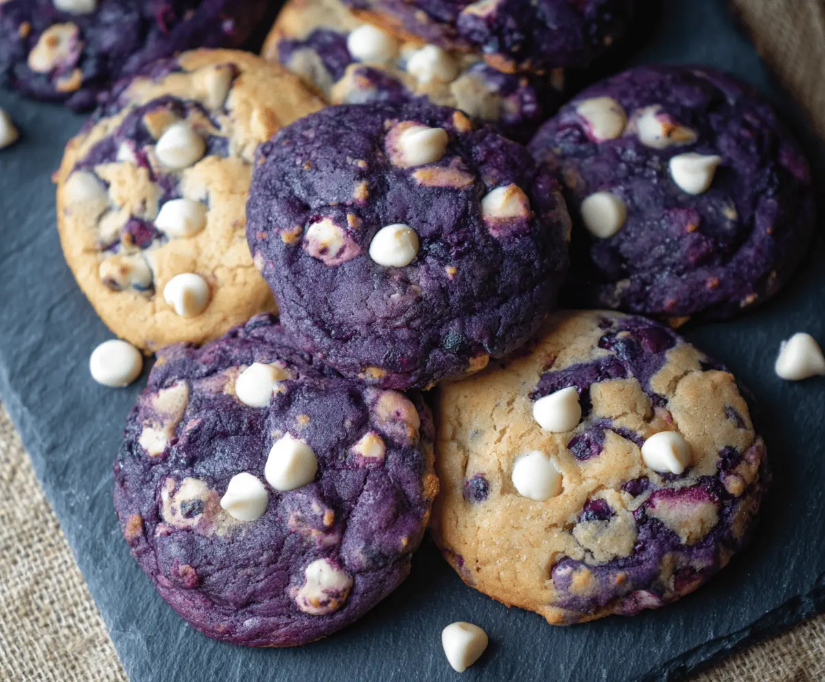 Golden bakery-style blueberry white chocolate chip cookies on a cooling rack, fresh and delicious.