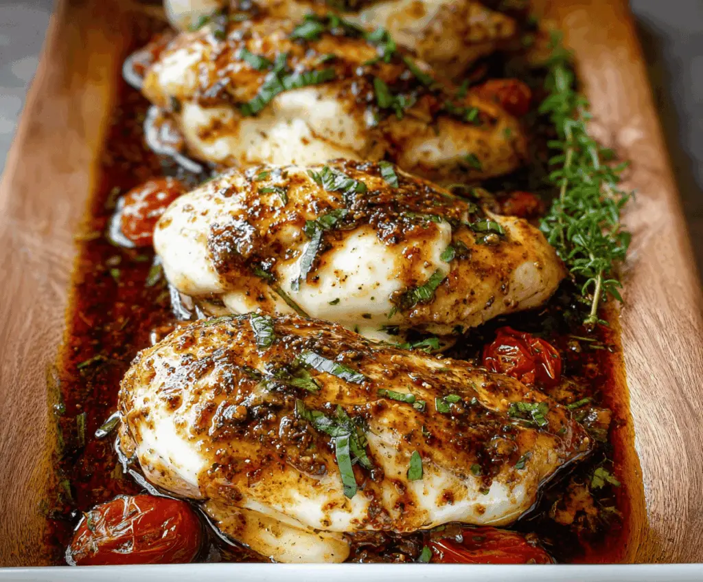 Juicy balsamic chicken breast topped with melted mozzarella cheese served on a white plate.