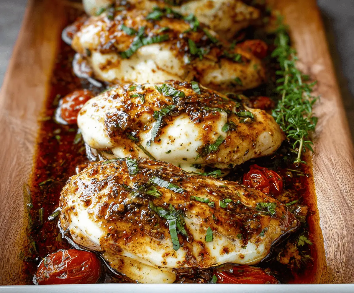 Juicy balsamic chicken breast topped with melted mozzarella cheese served on a white plate.