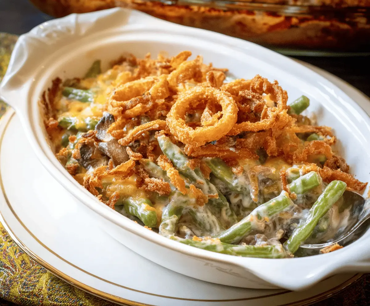 Delicious Barefoot Contessa Green Bean Casserole with crispy onions and fresh green beans