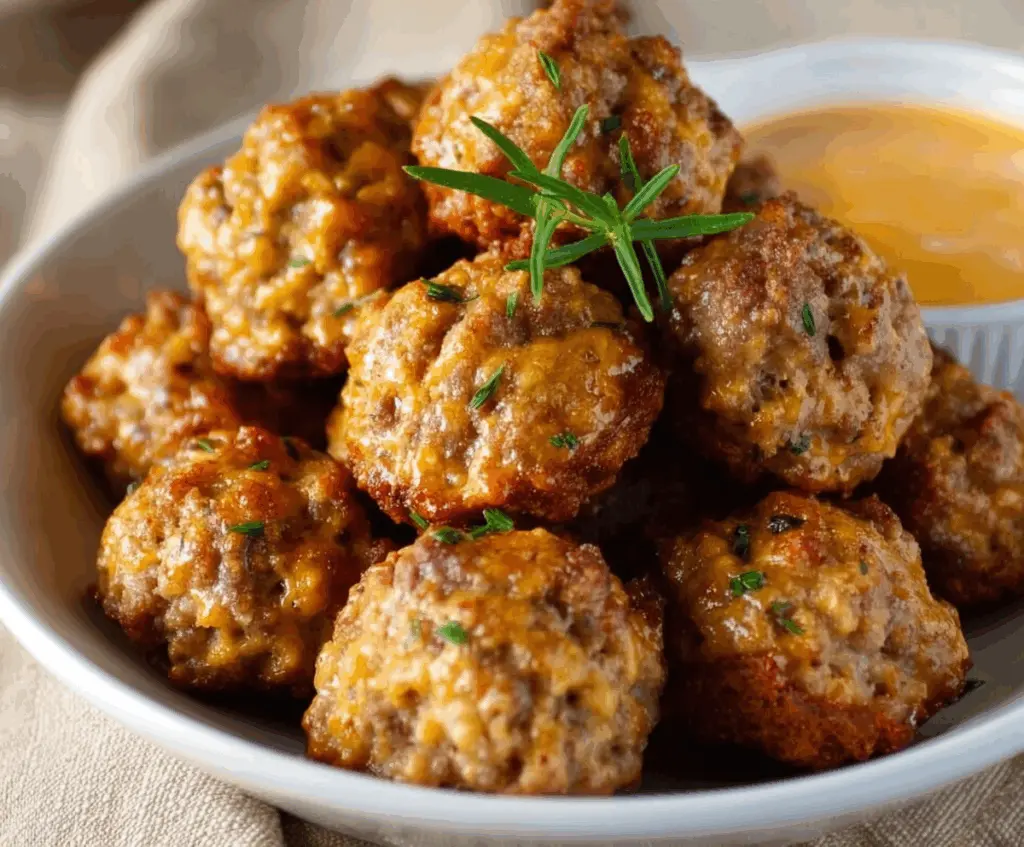 Delicious homemade Bisquick sausage balls on a serving platter, perfect for breakfast or snacks