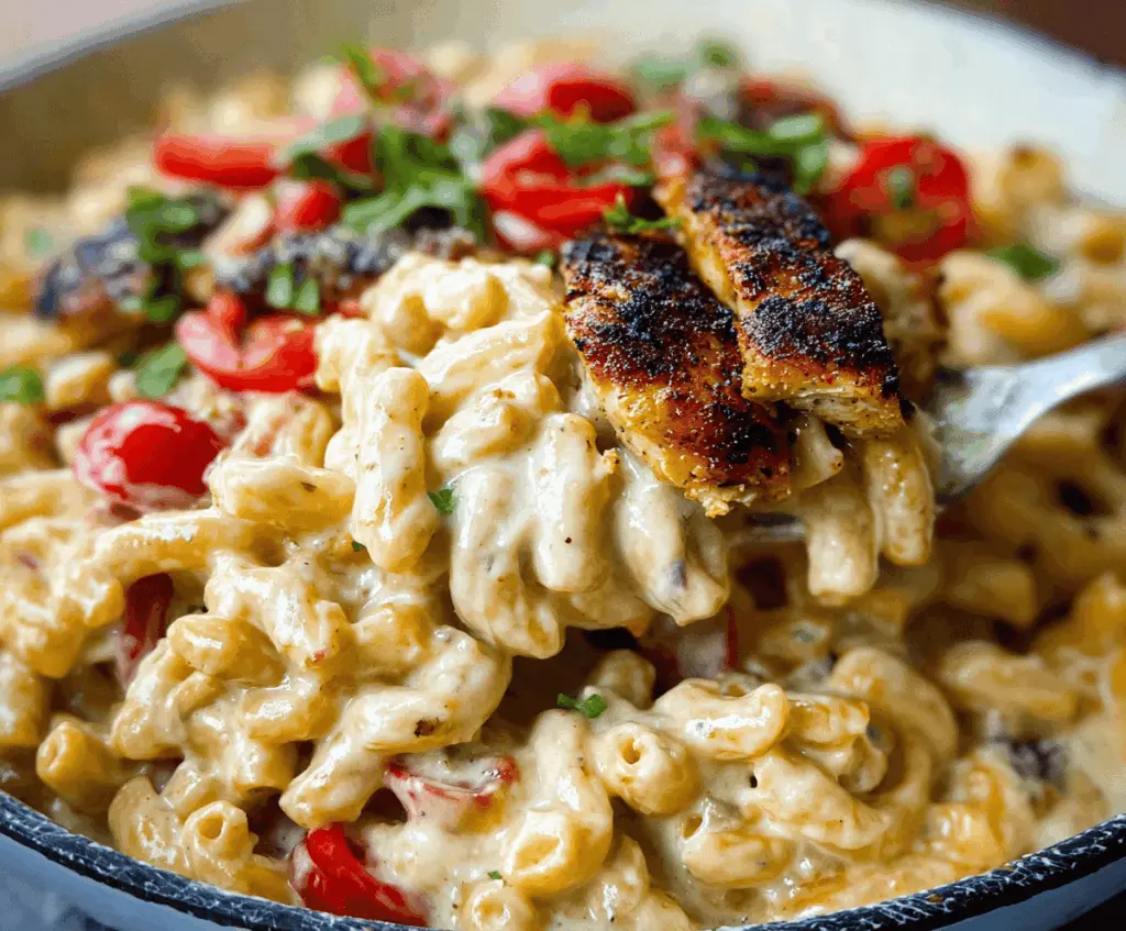 Creamy Alfredo pasta topped with spicy blackened Cajun chicken pieces for a flavorful dinner idea.