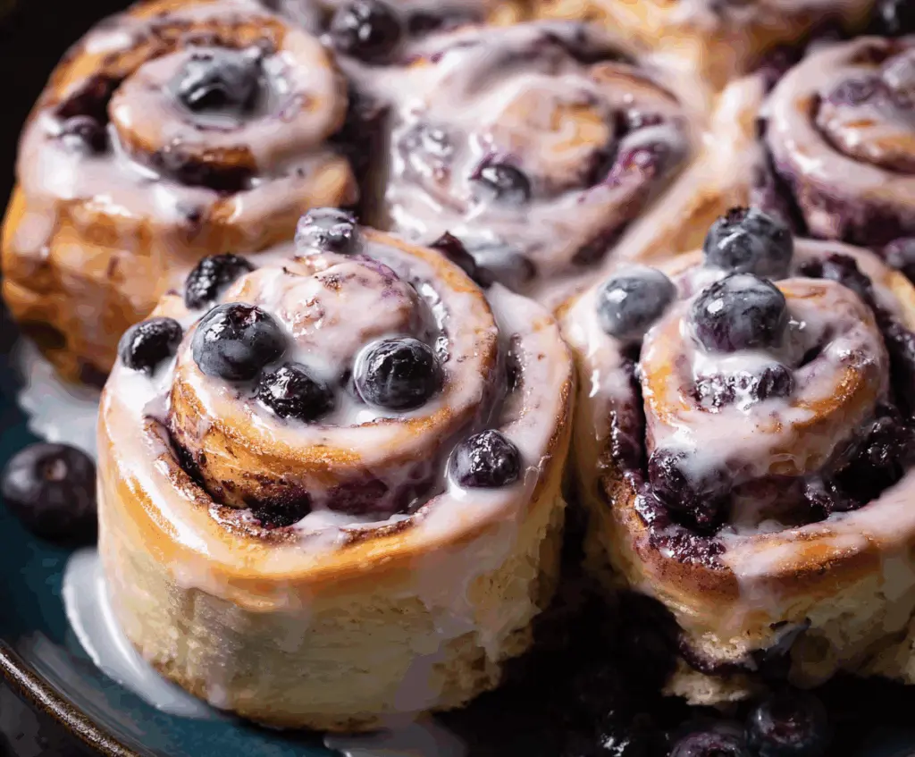 Delicious blueberry cinnamon rolls topped with icing on a plate