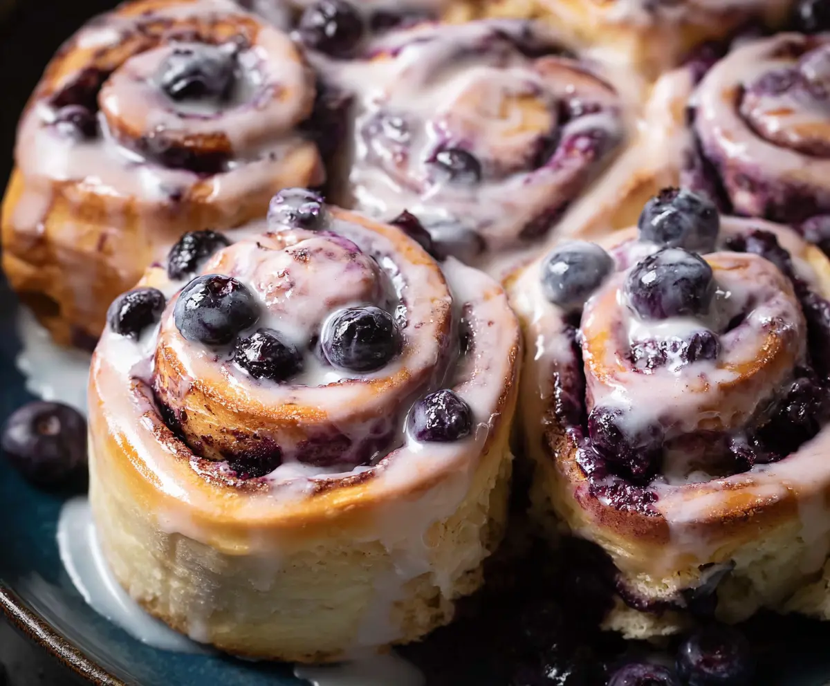 Delicious blueberry cinnamon rolls topped with icing on a plate
