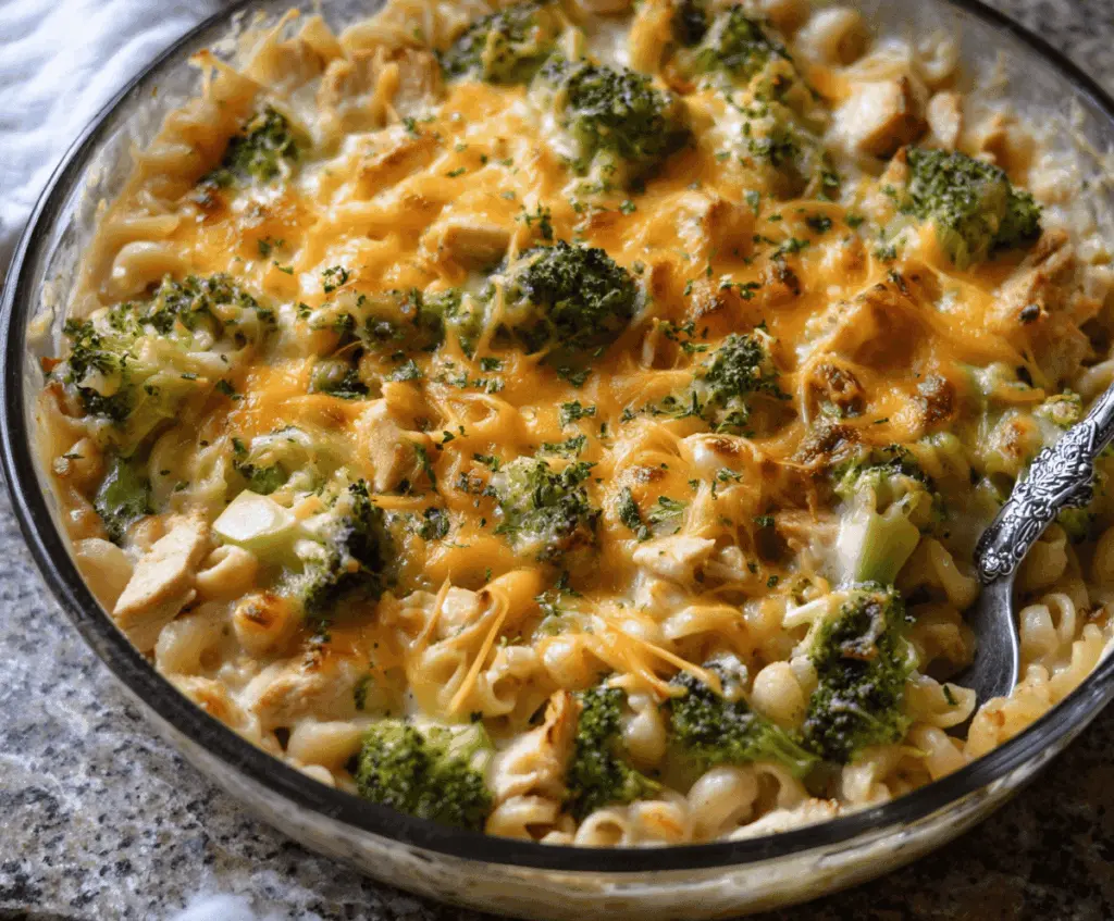 Delicious Broccoli Chicken Casserole with cheesy baked top and fresh vegetables