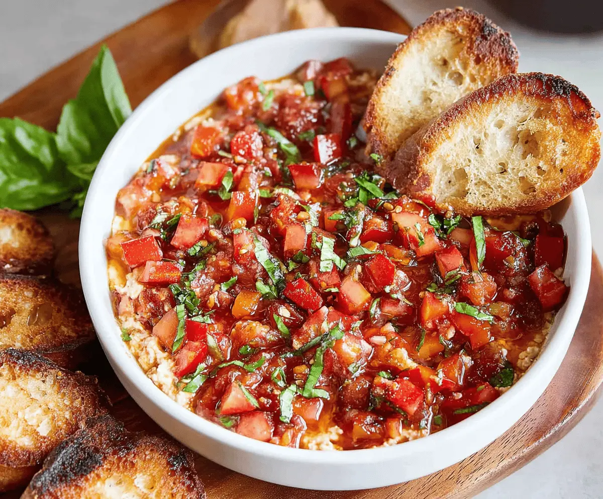 Creamy bruschetta dip served with toasted baguette slices for appetizer