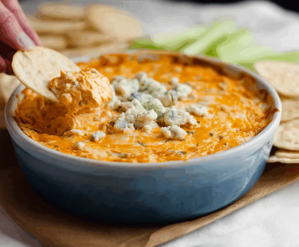 Creamy Buffalo Chicken Dip served with crispy chips, perfect for game day snacking.