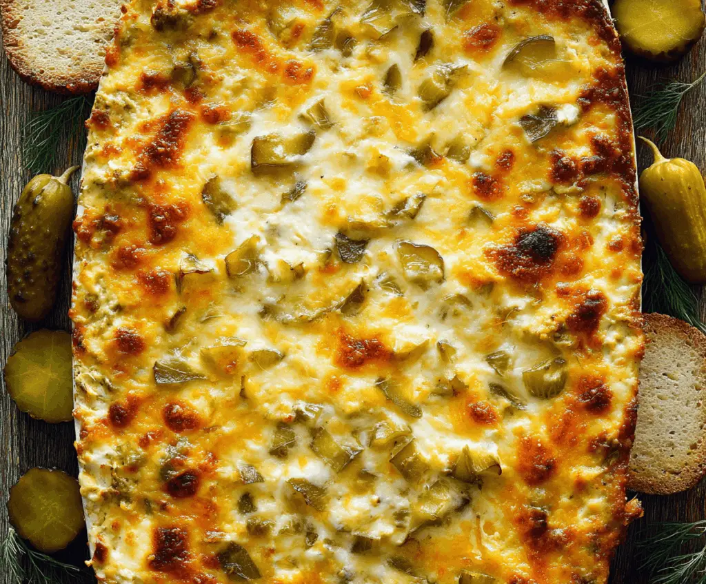 Creamy cheesy baked pickle dip served in a bowl, perfect for snacks and parties.