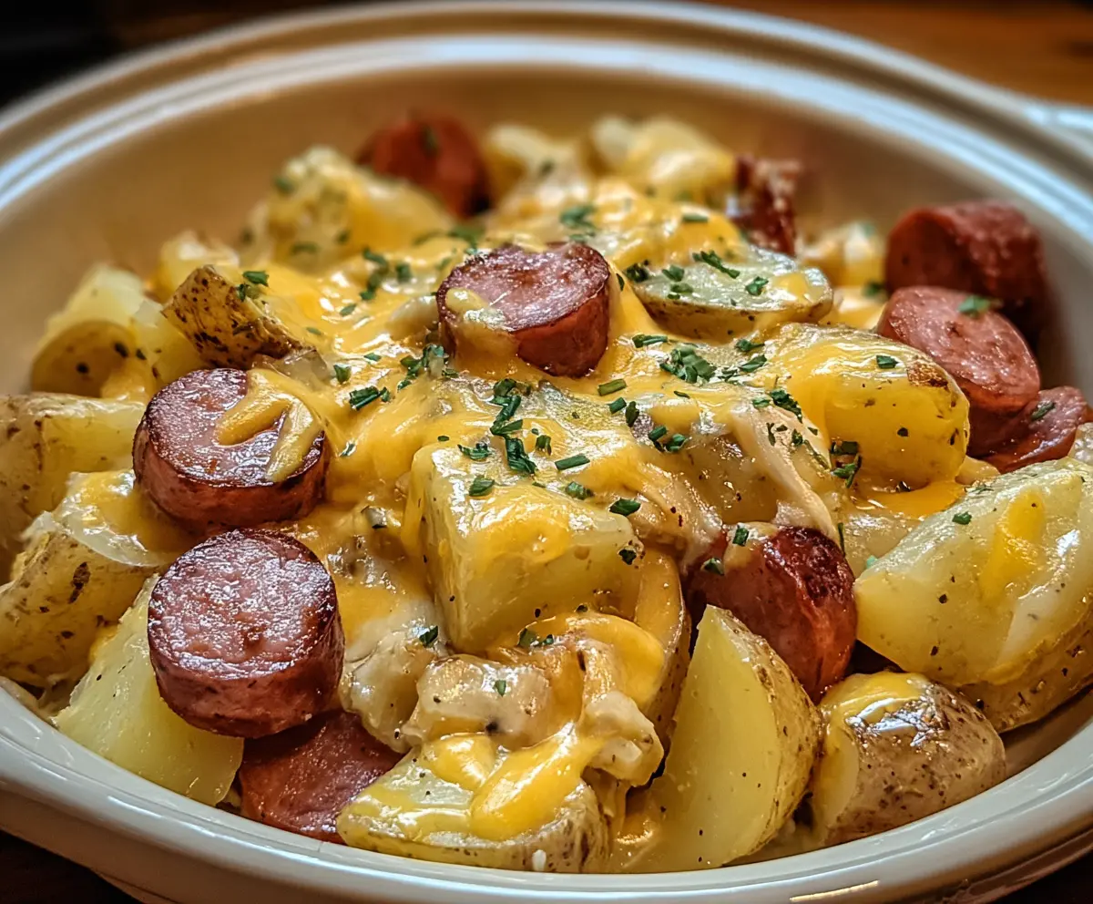 Delicious cheesy ranch potatoes with melted cheese and herbs, served with smoked sausage slices for a hearty meal.