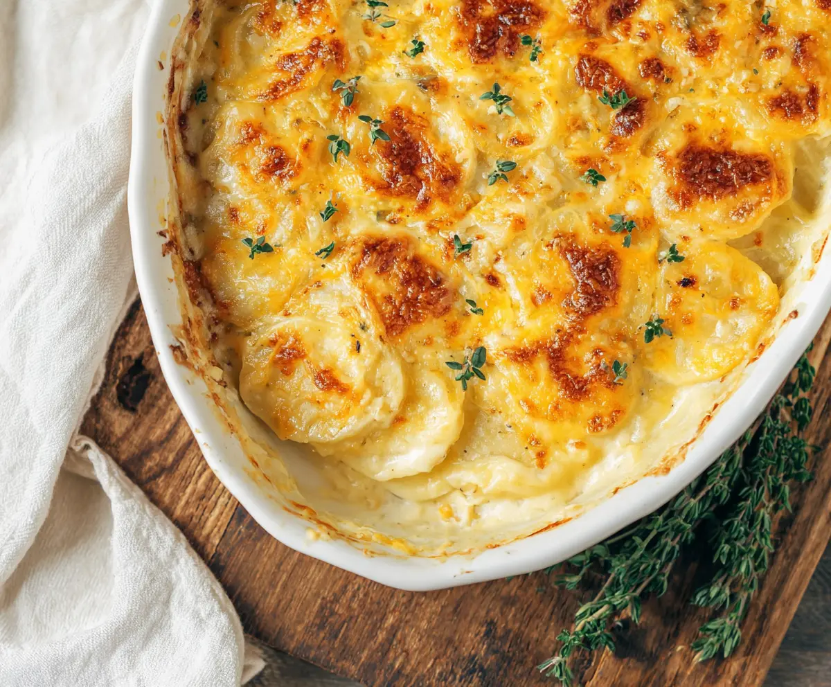 Delicious cheesy scalloped potatoes baked to perfection with golden crust and creamy layers.