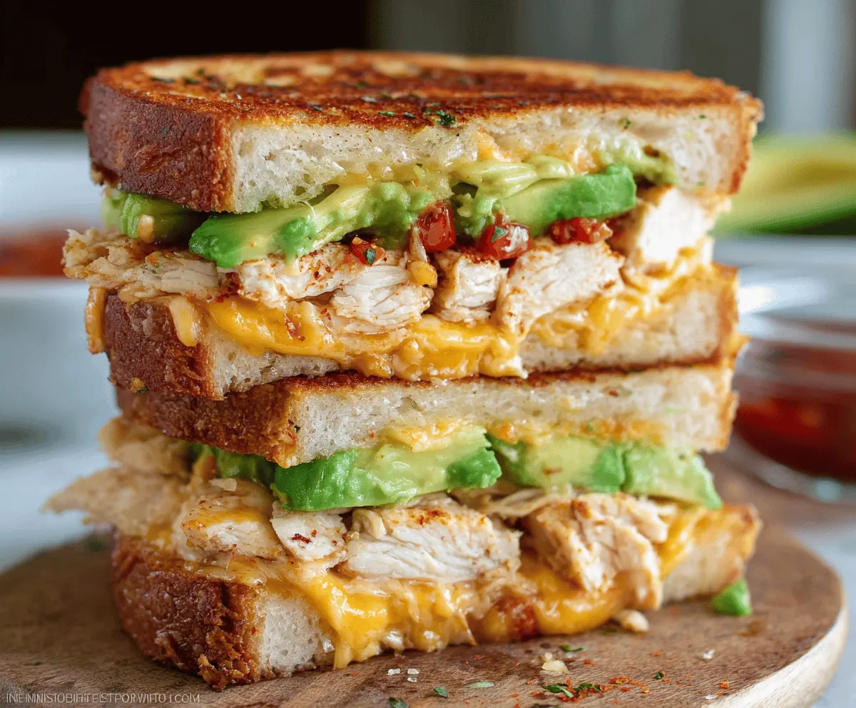 Delicious Chicken Avocado Melt Sandwich with melted cheese and fresh avocado slices