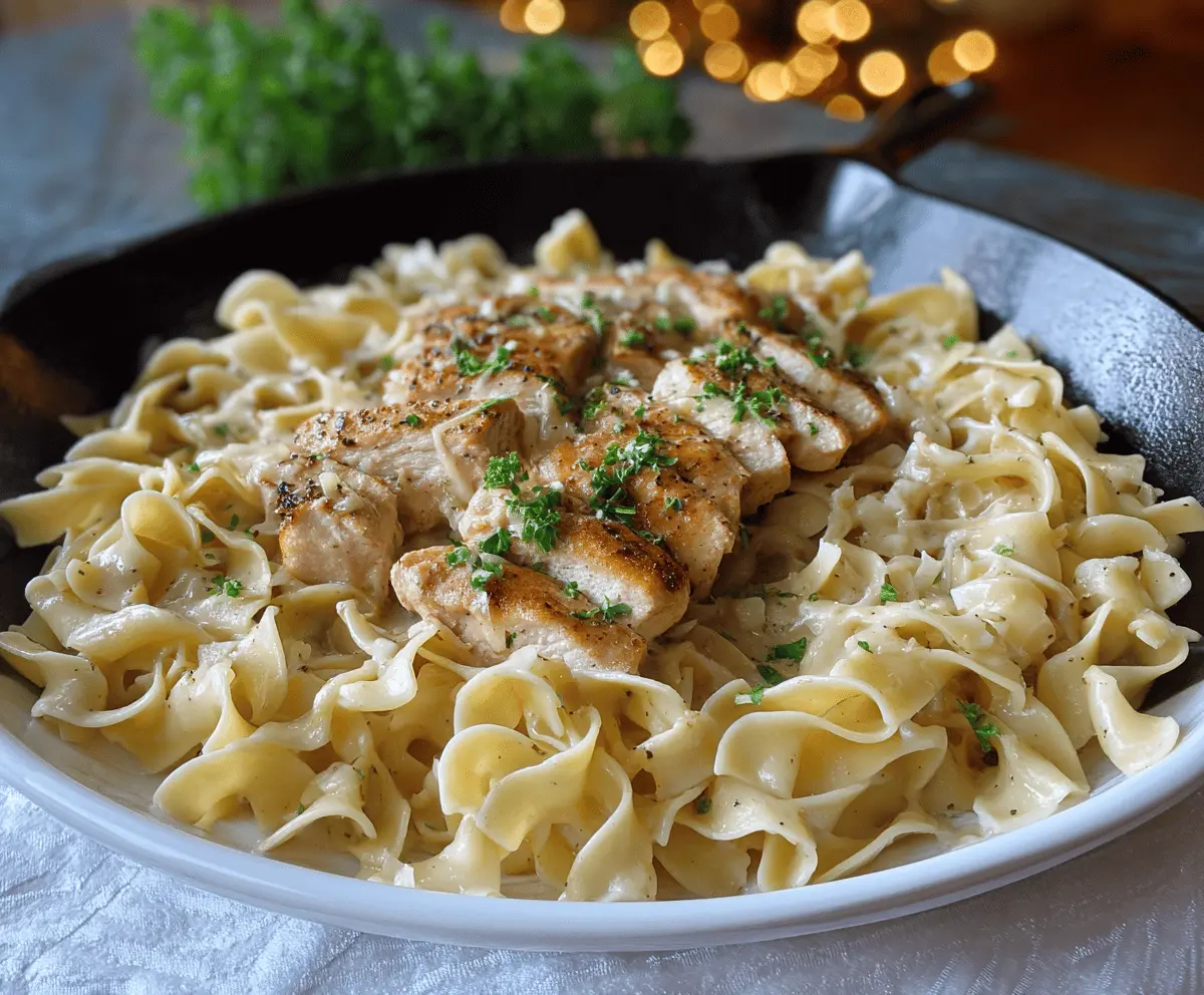 Delicious chicken served with creamy buttered noodles on a white plate.