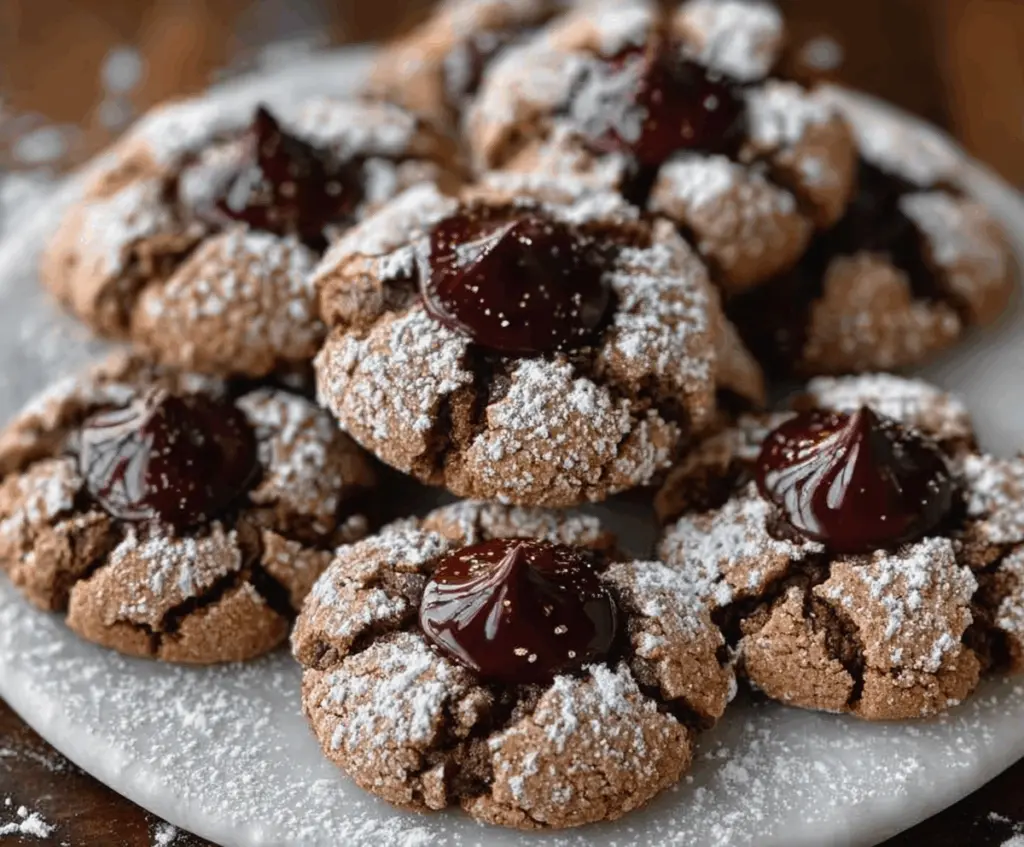 Delicious Chocolate Blossom Cookies with a shiny chocolate center and vanilla cookie base.