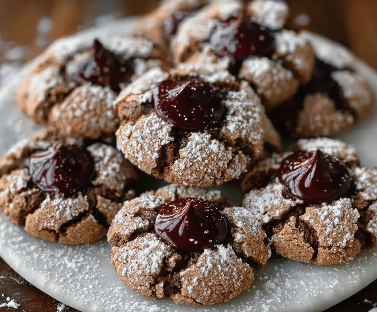 Delicious Chocolate Blossom Cookies with a shiny chocolate center and vanilla cookie base.