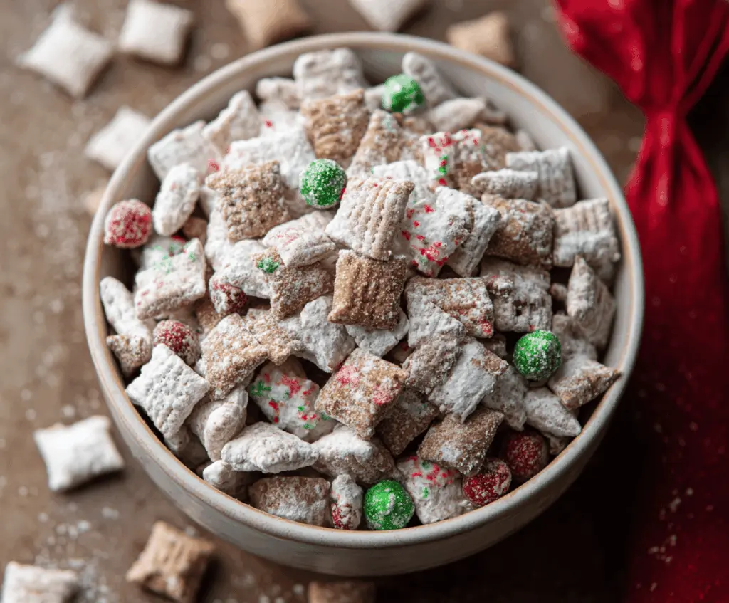 Delicious Christmas Puppy Chow snack with chocolate and colorful sprinkles for the holiday season.