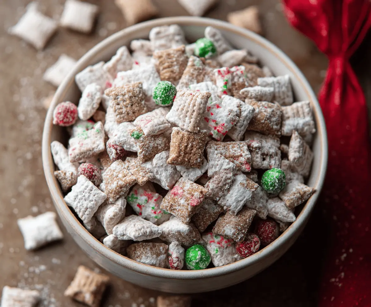 Delicious Christmas Puppy Chow snack with chocolate and colorful sprinkles for the holiday season.