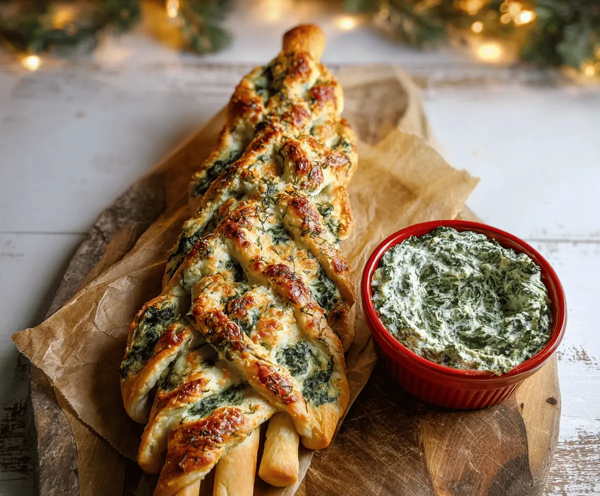 Festive Christmas Tree Spinach Dip Breadsticks served as a holiday appetizer